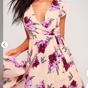 Lulus floral beige and purple high low midi tie dress